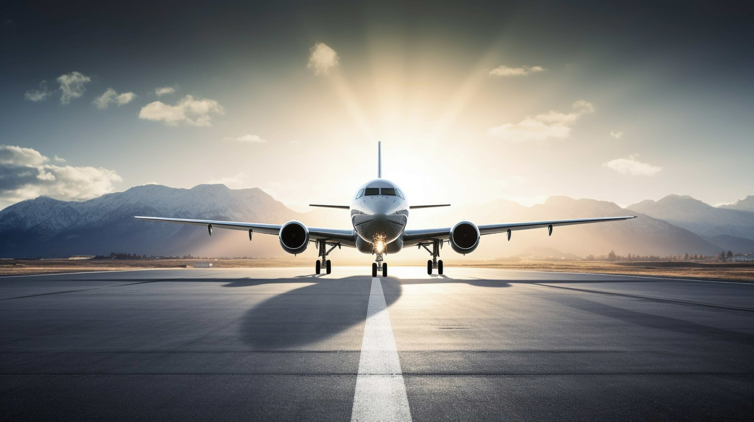 Airplane taking off or landing from the runaway in the sunset . Golden hour photo. Vacation airliner jet engine plane take off. Ai generated