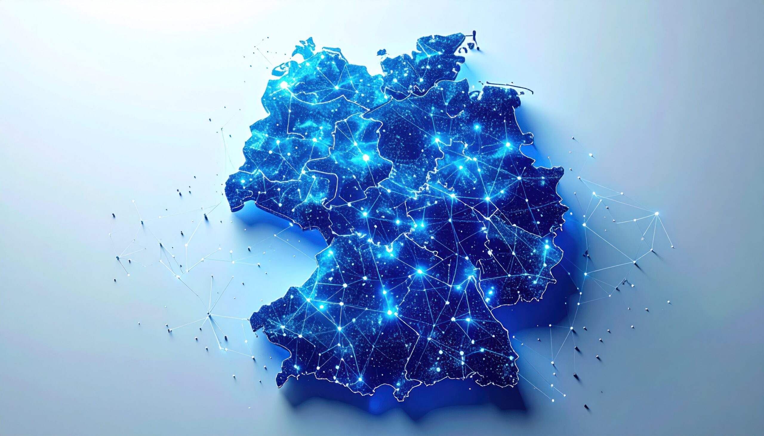 A stylized, digital map of Germany, showcasing its regions and interconnectedness. The map is presented in a vibrant, deep-blue and light-gray color scheme. A light-blue backdrop provides a clean, modern aesthetic. Suitable for presentations about German businesses, technology, infrastructure, or global connectivity.