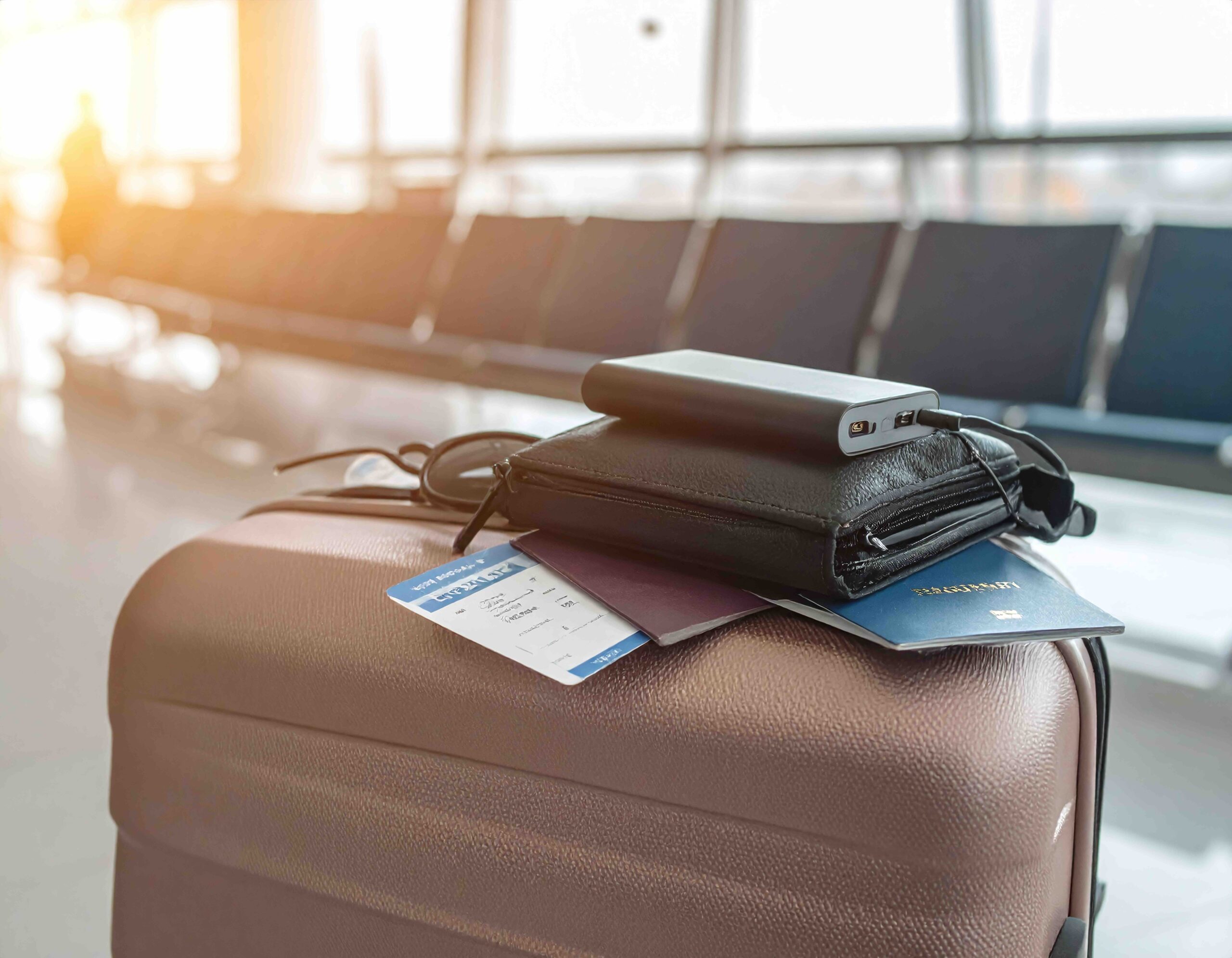 A powerbank rests on a stylish suitcase in a sunlit airport lounge.
