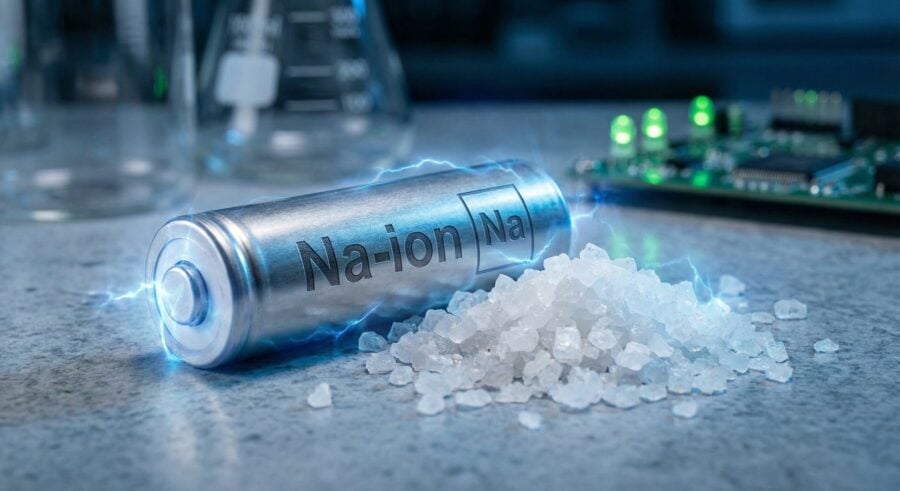 Sodium ion battery cell with white salt crystals and Na symbol