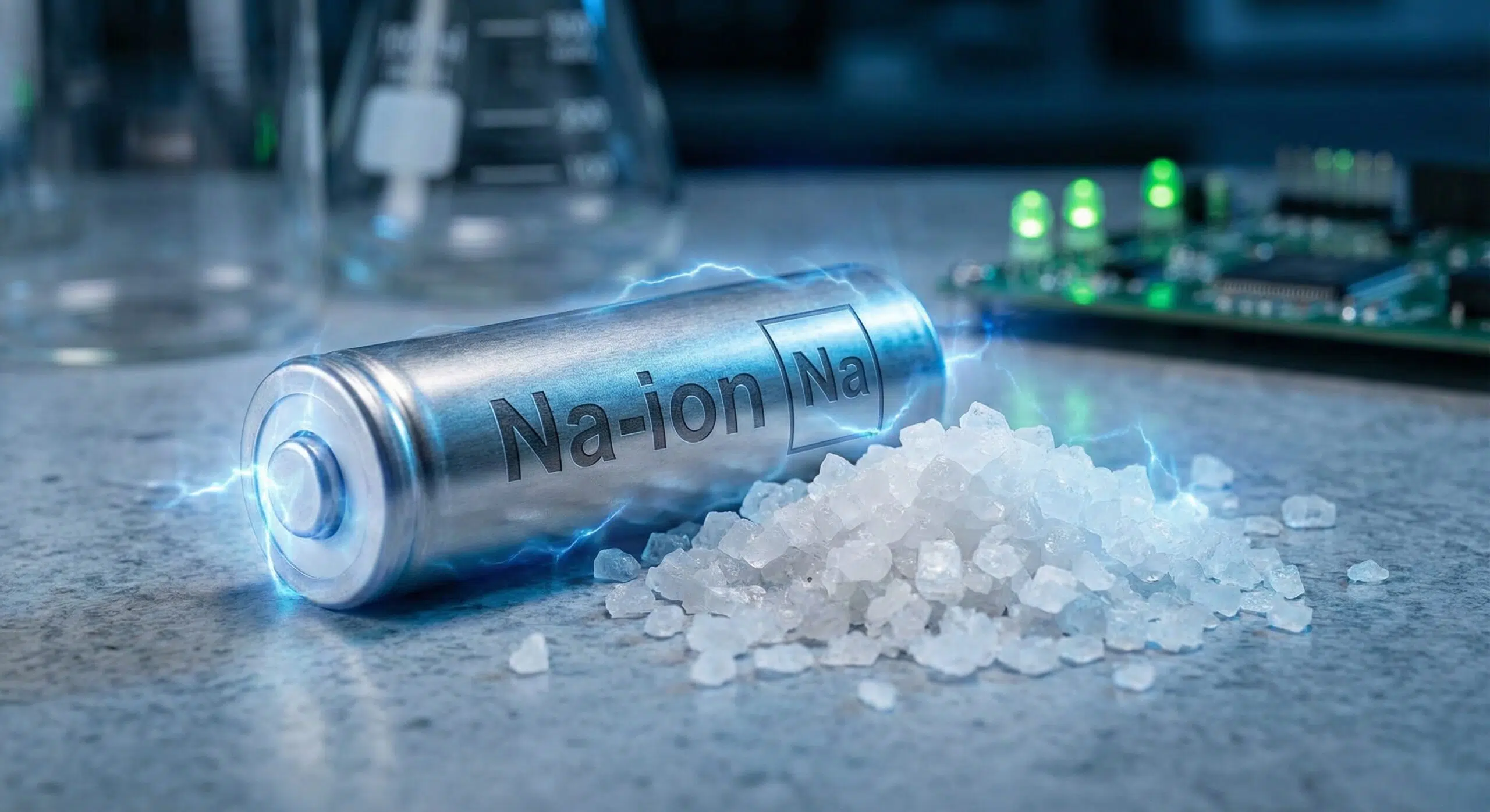 Sodium ion battery cell with white salt crystals and Na symbol