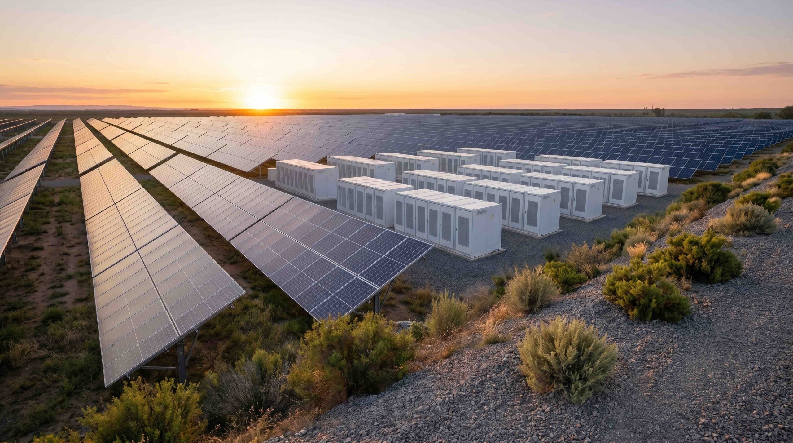 Solar panel farm and battery storage containers at sunset