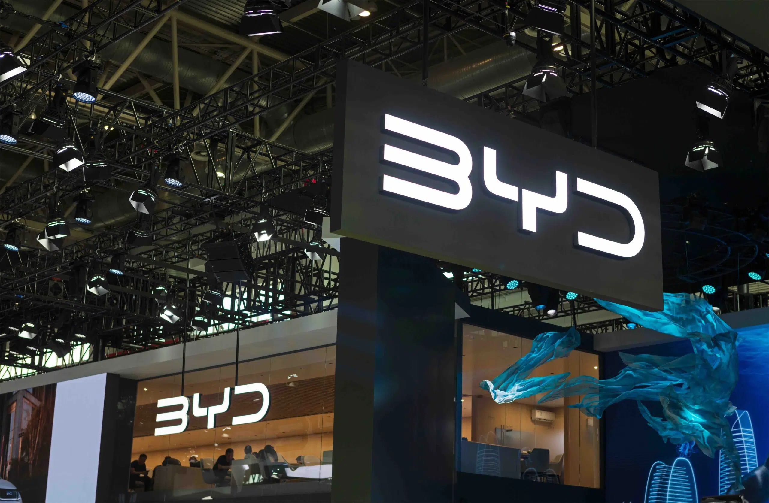 BEIJING, CHINA-MAY 1, 2024: BYD sign is seen during the 2024 Beijing International Automotive Exhibition (Auto China 2024)
