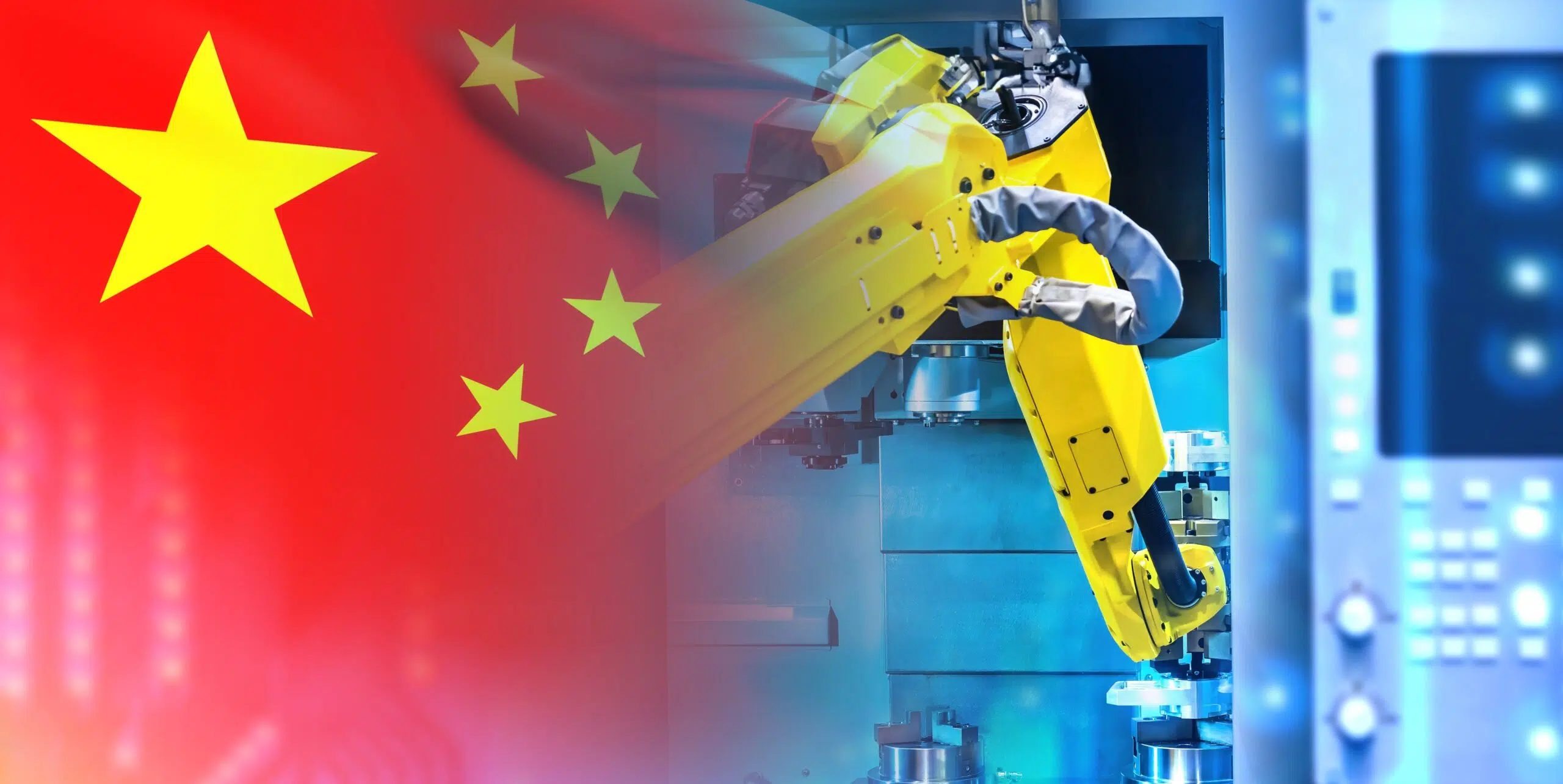 Manufacturing technology in China. Arm manipulator. PRC flag. Manufactured in people republic China. High-tech industry in China. Yellow hand manipulator. Modern Chinese factory. Industrial equipment